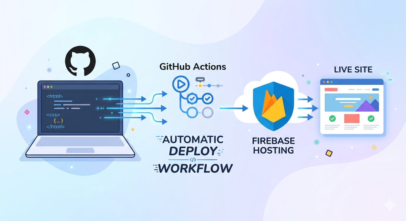 Fluxo entre código estático, GitHub Actions e Firebase Hosting